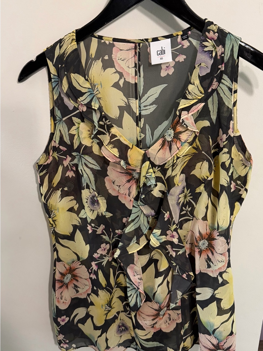CAbi Black Floral Ruffle Sleeveless Camisole with Yellow and Pink Blooms